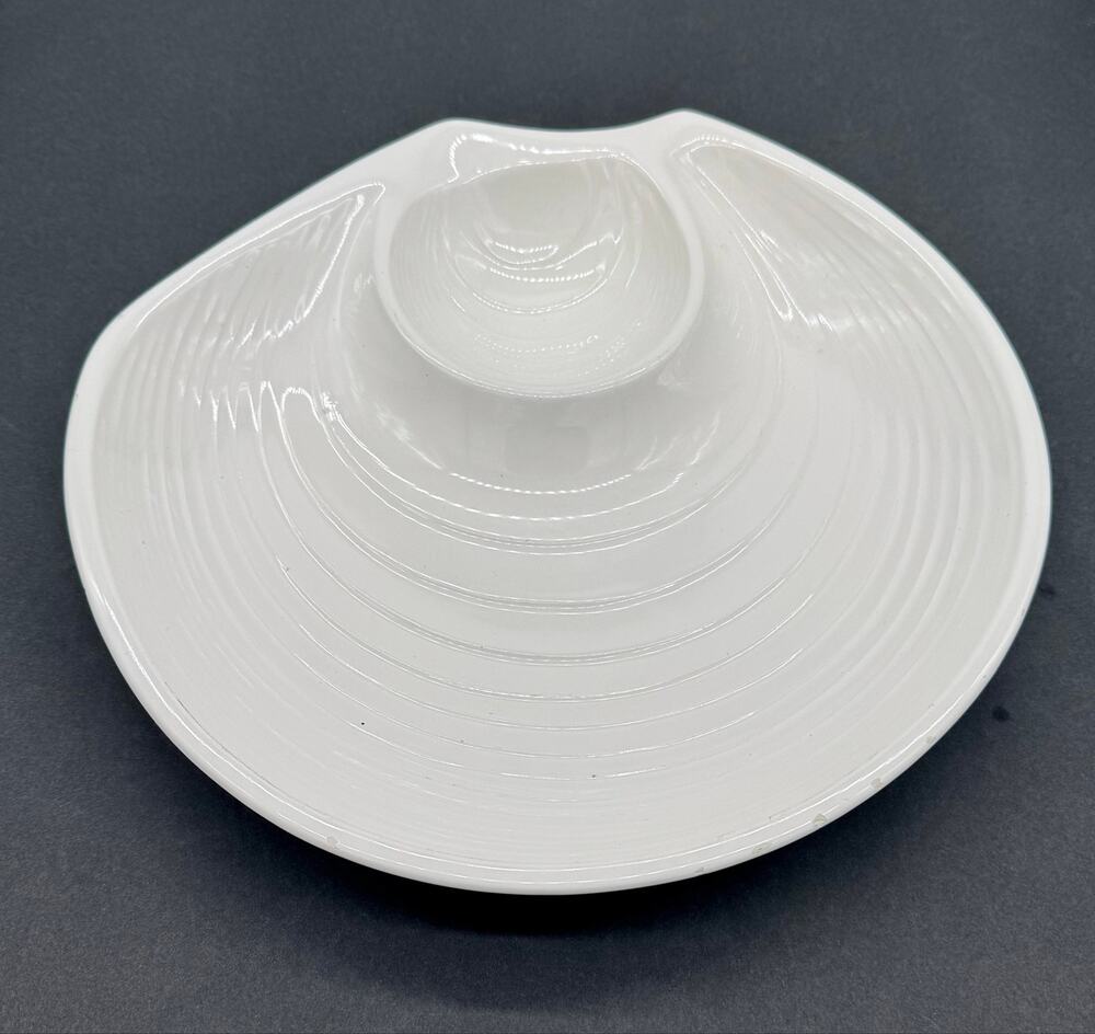 Vintage White Ceramic Clam Shell Pottery Japan Chip & Dip Platter 12"W